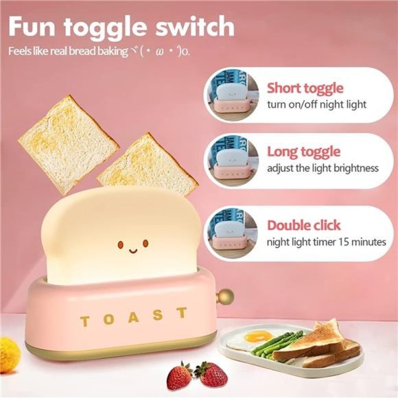Cute Desk Decor Toaster Lamp, Kawaii LED Toast Bread Night Light Rechargeable - Picture 5 of 6